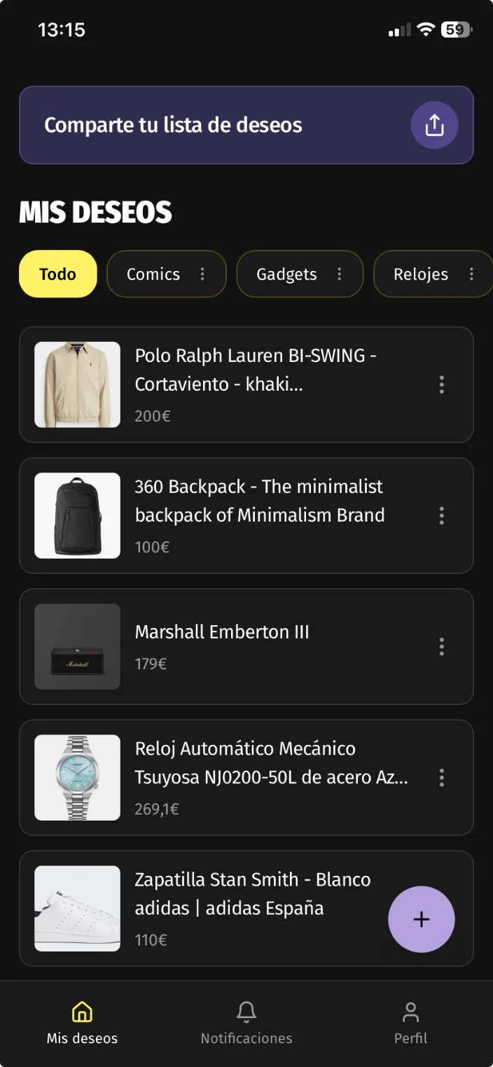 Lista de deseos en la app WataWan